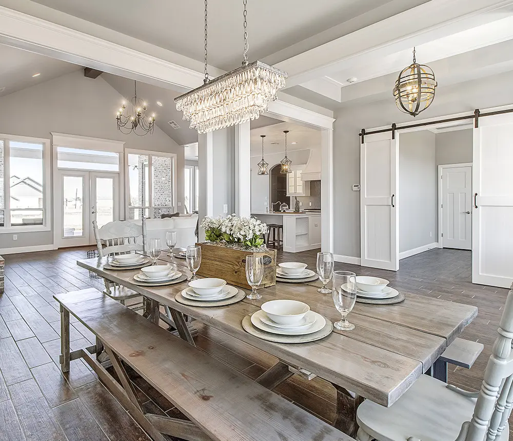 A LVT floor in an open space kitchen with a living space