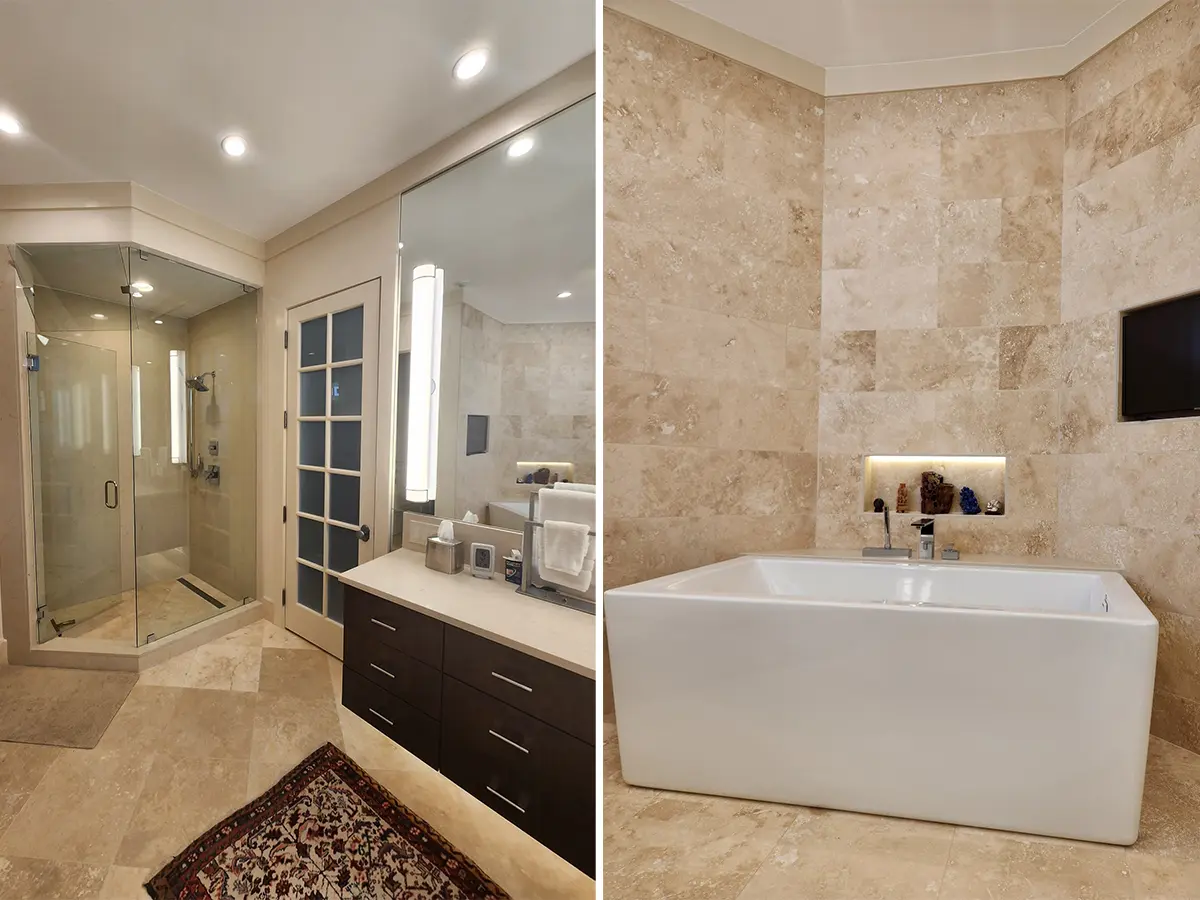 A before and after with a walk-in shower and a freestanding tub