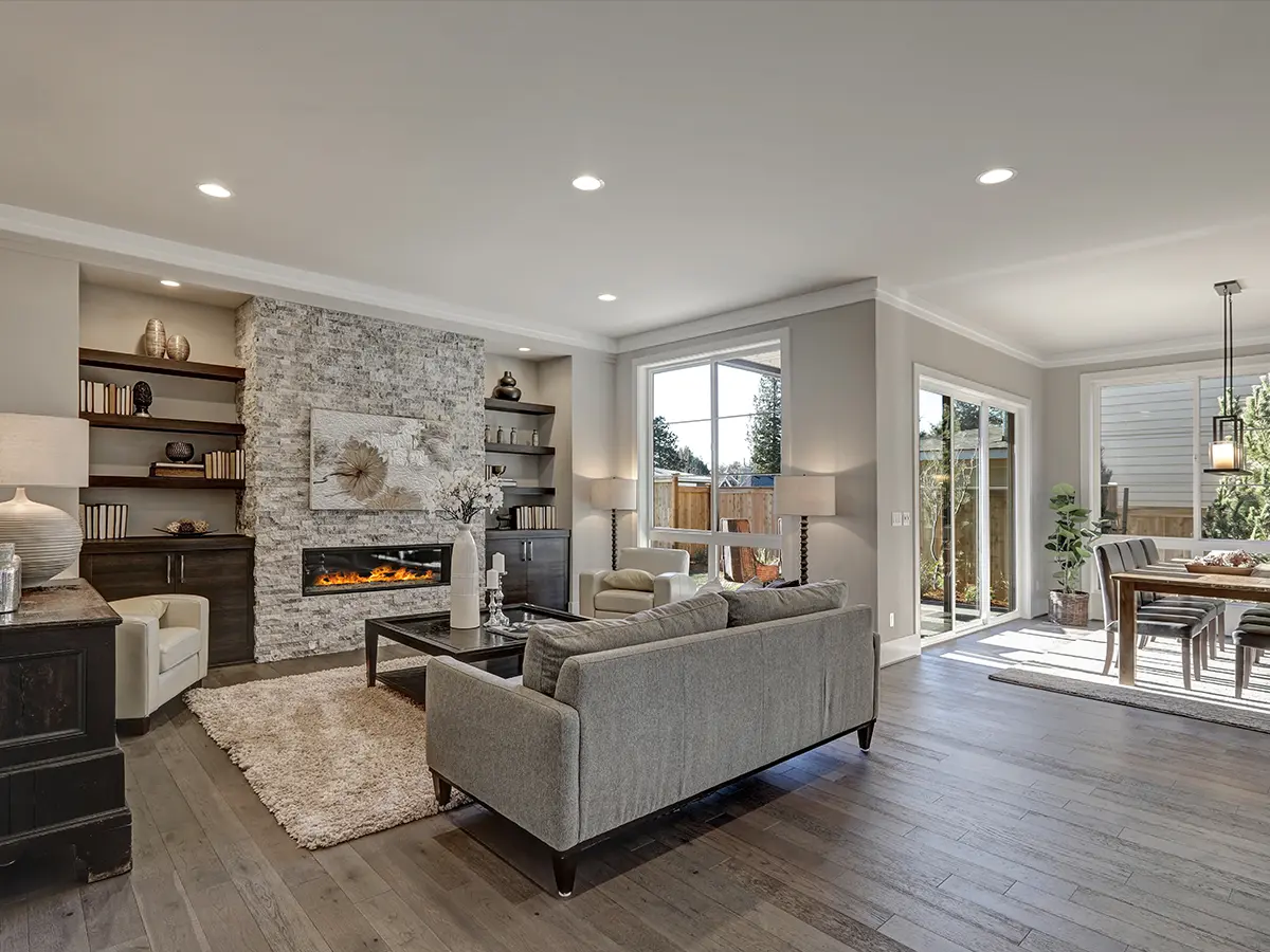 Laminate gray flooring in a living space with walls painted gray