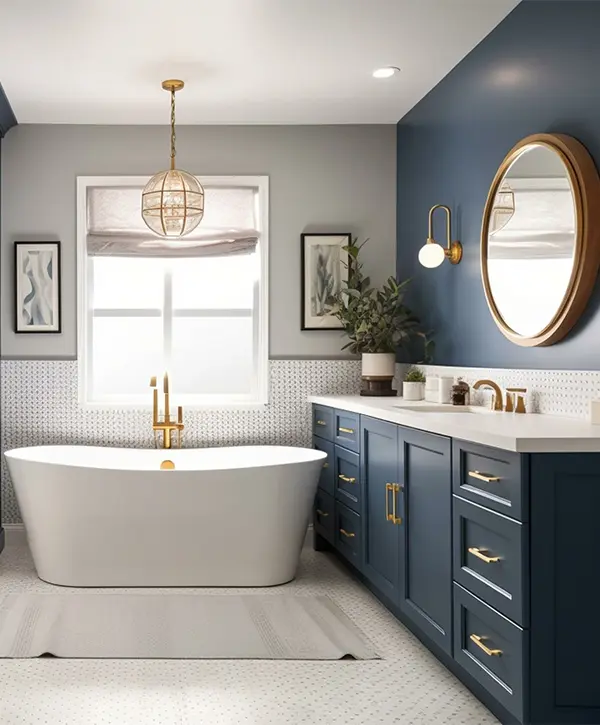 Navy blue vanity and cabinets in a bathroom with freestanding tub, walk-in shower, and LVP floor