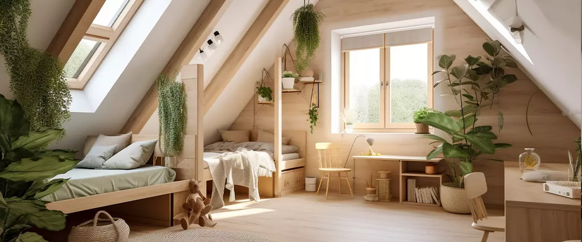 Modern cozy wooden bedroom, eco interior design with beige colors and plants