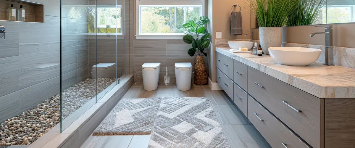 A tranquil bathroom featuring a frameless glass shower, pebble flooring
