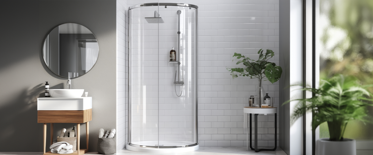 A modern bathroom with a round mirror, a stylish vanity, and a glass-enclosed shower. The space is minimalistic and fresh.