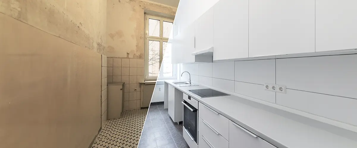 Before and after kitchen remodeling in Sand Springs, old, deteriorated kitchen transformed into a modern, bright space with sleek white cabinets and new appliances.