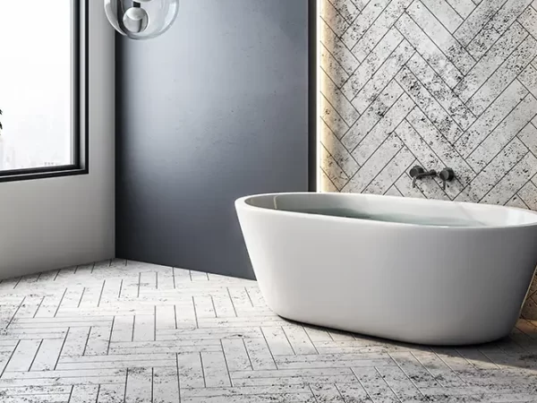 Modern bathroom in grey and black tones with tub and big window.